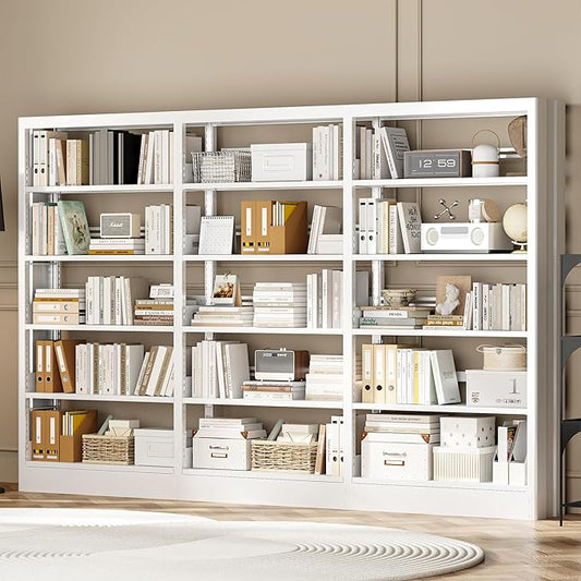 71" Metal Book Shelf, 5 Tier Bookshelf with Adjustable Shelves, Bookshleves and Bookcases, Heavy Duty Library Book Case, Expandable Combination Bookshelf (White, 108.3" W)