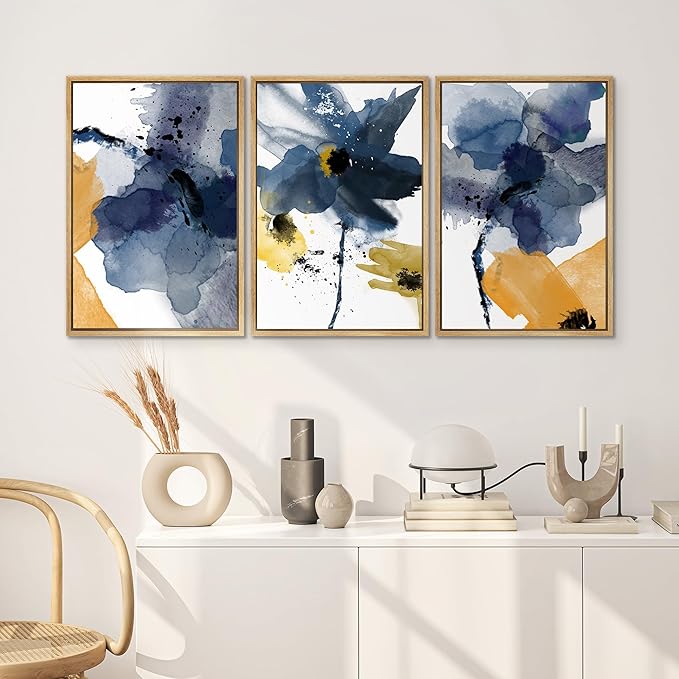 SIGNWIN Framed Canvas Wall Art Blue and Orange Blossoms Botanical Flower Watercolor Modern Art Tropical Relax/Calm for Living Room, Bedroom, Office - 16"x24"x3 Natural
