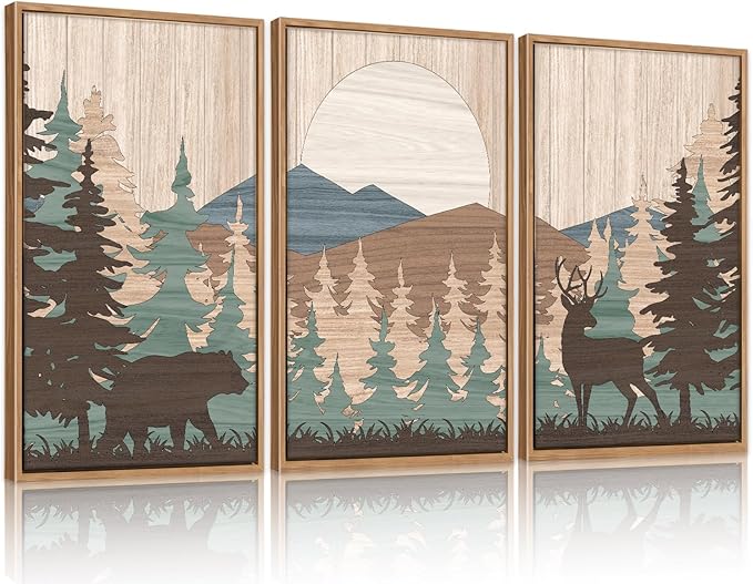 CHDITB Watercolor Woodland Bear Deer Wild Animals Framed Wall Art(Set of 3, 16”x24”), Retro Forest Mountain Sun Artwork Painting, Adventure Themed Nature Landscape Posters Print for Nursery Baby Boy