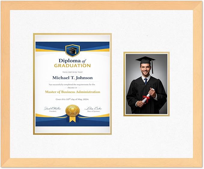 Diploma Frame With Photo Opening Natural Wood Oyster Shell Over Gold Mat - Fits 8.5 x 11 Degree and Picture Made in the USA