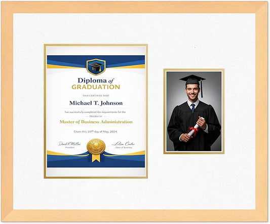 Diploma Frame With Photo Opening Natural Wood Oyster Shell Over Gold Mat - Fits 8.5 x 11 Degree and Picture Made in the USA
