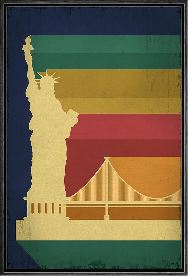 IDEA4WALL Framed Canvas Print Wall Art Retro Vintage Rainbow Statue of Liberty Poster Cultural Building Illustrations Modern Art Contemporary Scenic for Living Room, Bedroom, Office - 24"x36" BLACK