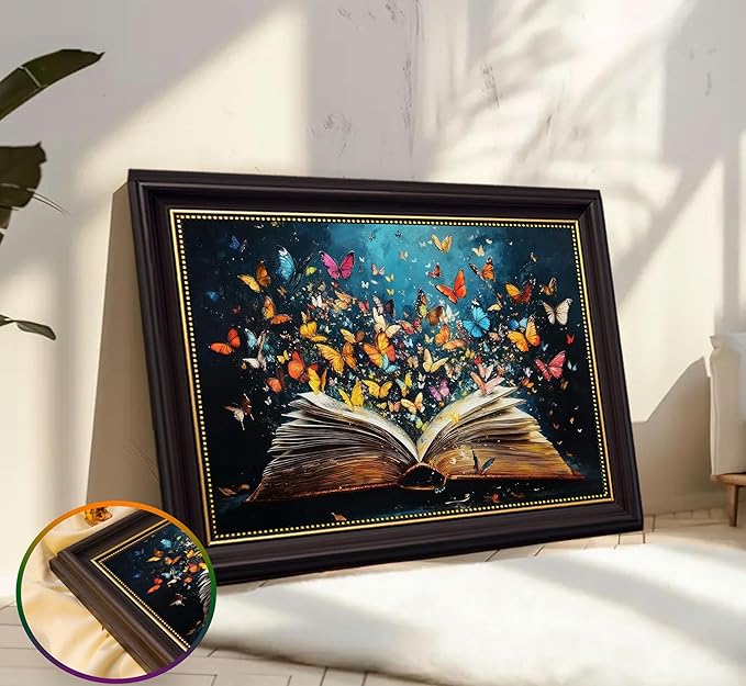 Dark Brown Frame Colorful Butterfly Book Canvas Wall Art Butterfly Emerging From Book Wall Decor Picture Reading Enthusiasts Poster Print for Library Reading Room Modern Reading Home Decoration