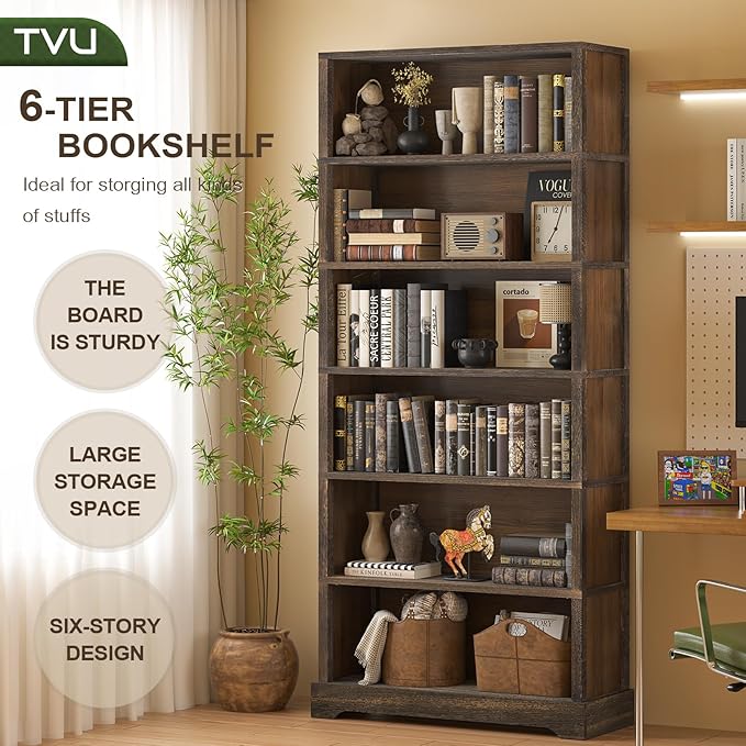 TVU 6-Tier Wooden Book Shelf, Floor-Standing Display Bookcase, 77.2" H x 31.5" W x 11" D Bookshelf, Farmhouse Style Book Case with Arched Base, Suitable for Living Room, Study, Office, Walnut