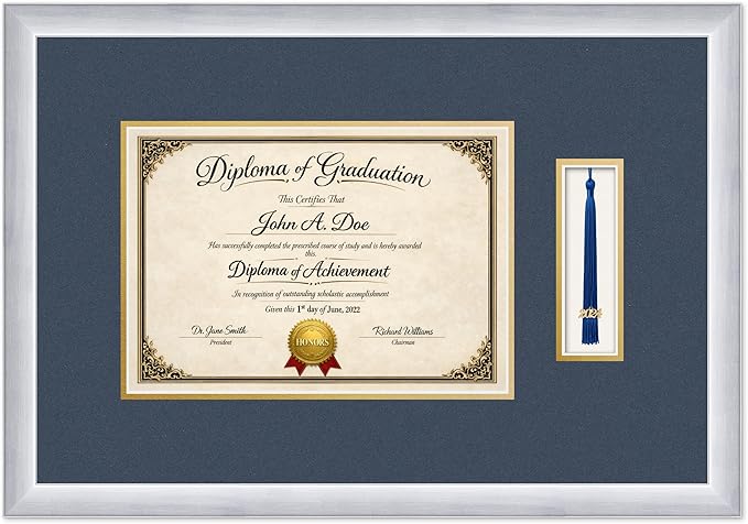 Diploma Frame with Tassel Holder 21.94 x 15.27 Stainless Silver Shadowbox Navy Blue Over Gold Mat - Fits 11.69 x 8.27 Degree Made in the USA