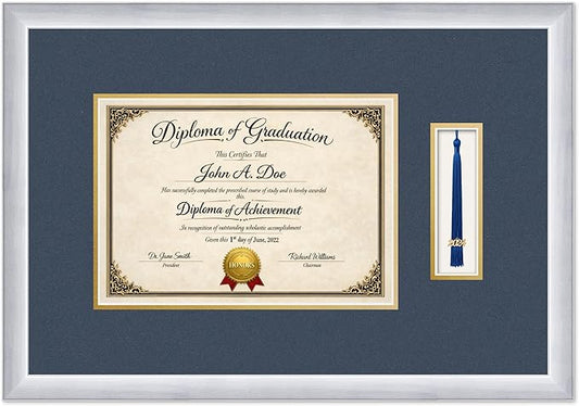 Diploma Frame with Tassel Holder 21.94 x 15.27 Stainless Silver Shadowbox Navy Blue Over Gold Mat - Fits 11.69 x 8.27 Degree Made in the USA