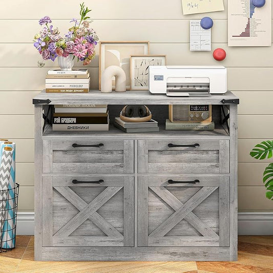 Vabches Farmhouse 4 Drawer File Cabinet with Open Storage Shelf, Lateral Filing Cabinet Fits Letter/A4/ Size, Home Office Filing Organizer, Document Storage Printer Stand for Office and Home. Grey