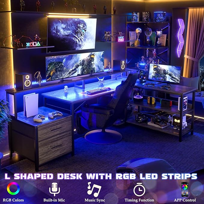 Aheaplus L Shaped Desk with File Drawer, 72.8" Reversible L Shaped Computer Desk with Power Outlet & LED Strip, Gaming Desks with Monitor Stand, Corner Office Desks with Storage Shelf, Grey Oak