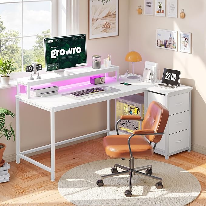 EnHomee L Shaped Gaming Desk with 3 Drawers & Power Outlet, 40Inch White Computer Desk with LED Lights Reversible Office Desk with Monitor Stand for Gaming,Study Room,Home Office,Bedroom,White