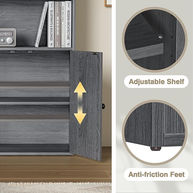 YESHOMY 71.5" Tall Bookshelf and Bookcase, Industrial Bookshelves and Bookcases with Doors, 4-Tier Floor Standing Tall Display Storage Cabinet with Doors for Home Office, Living Room, Gray, 1 PCS