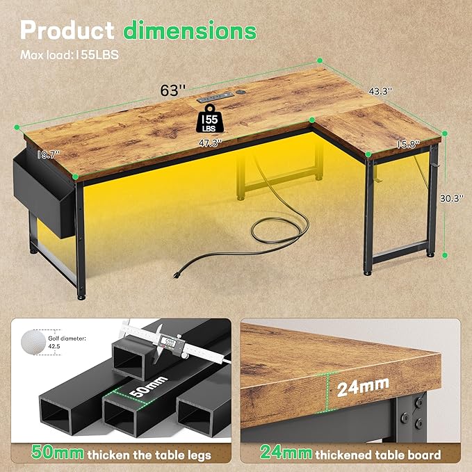 63" L Shaped Desk with Power Outlets and USB-C Port, Reversible Computer Desk, Larger Office Corner Gaming Desk with LED, 0.95" Thicker Desktop, Metal Frame, for Home Office, Study,Brown