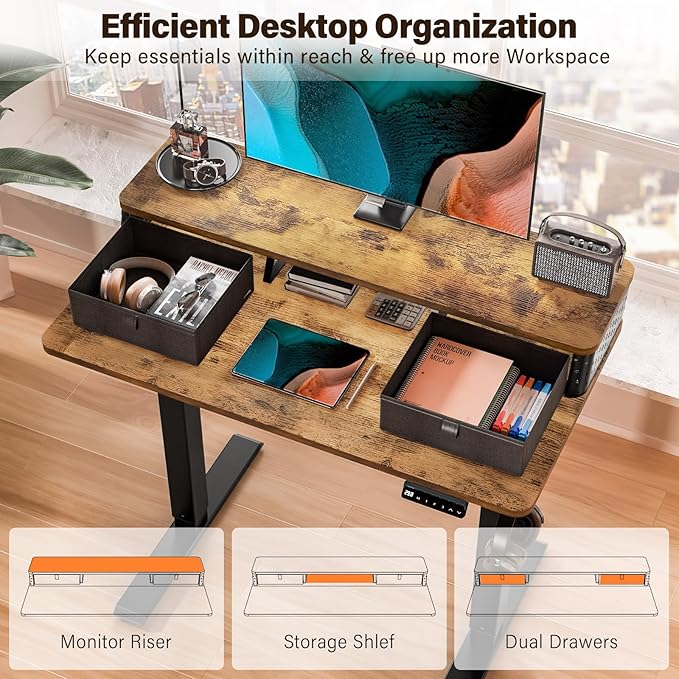 Kingant 35 x 20 Inch Small Electric Standing Desk with Dual Drawers, Height Adjustable Sit to Stand Computer Desk with Storage Shelf and C-Clamp Mount Compatibility for Home Office, Rustic Brown
