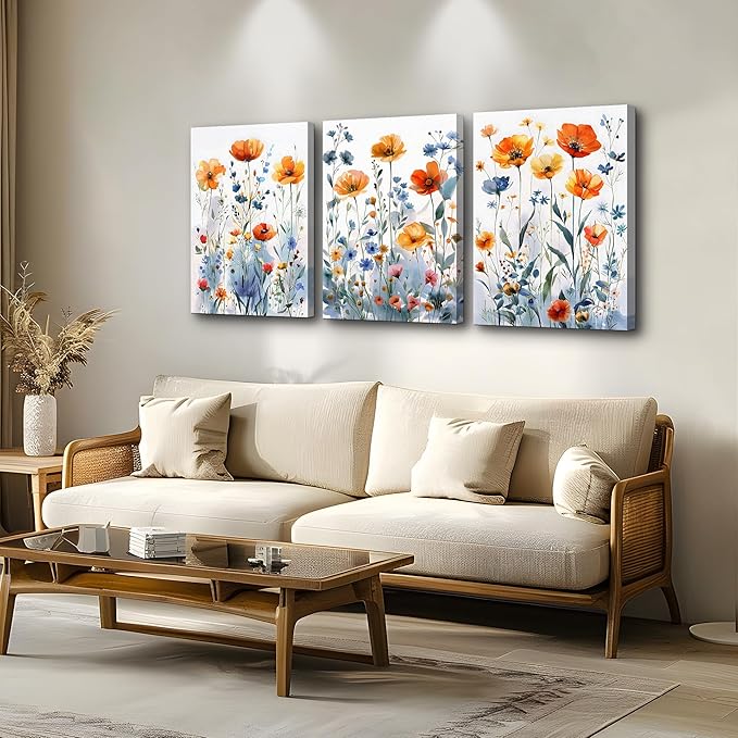 TTHYUEWS Large Canvas Wall Decor for Living Room Boho Wall Art for Bedroom Kitchen Family Room Wall Pictures Artwork Flowers Watercolour Paintings Modern Home Decor 3 Pieces