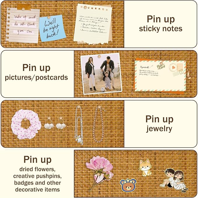 18" x 24" Bulletin Board, Round-Edged Rectangle Cork Board，Wooden Frame with Boho Style Rattan Wall Organizer,4560Teng