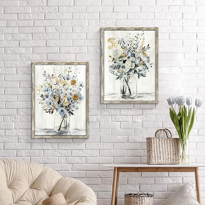 Floral Picture Wall Art Painting: Blossom Bouquet Flowers Print on Rustic Wood and Handcrafted Wooden Framed Artwork for Home and Kitchen (18” x 24” x 2pcs)