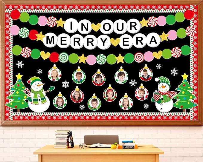 Christmas Era Bulletin Board Set Christmas Ball Friendship Bracelet Classroom Decoration DIY Photo Crafts Xmas Tree Bulletin Board Snowflake Snowman Cutouts for Winter Holiday Chalkboard Wall Decor