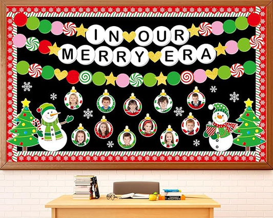 Christmas Era Bulletin Board Set Christmas Ball Friendship Bracelet Classroom Decoration DIY Photo Crafts Xmas Tree Bulletin Board Snowflake Snowman Cutouts for Winter Holiday Chalkboard Wall Decor
