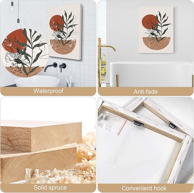 Boho Wall Art Prints，Boho Wall Decor, Mid Century Modern Wall Art，Set of 3 Prints, Abstract Geometric Prints Black Beige Terracotta Minimalist Art, Natural Framed Canvas Prints Artwork For Living Room