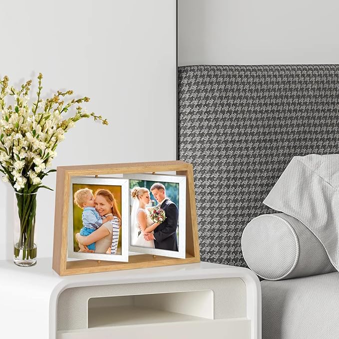 ZEEYUAN 4x6 Desk Picture Frames Rotating Rustic Photo Frame Floating 4x6 Double Side Frame for Tabletop Office Decor, Mothers Day Gifts Picture Frame for Mom Gift from Daughter Son