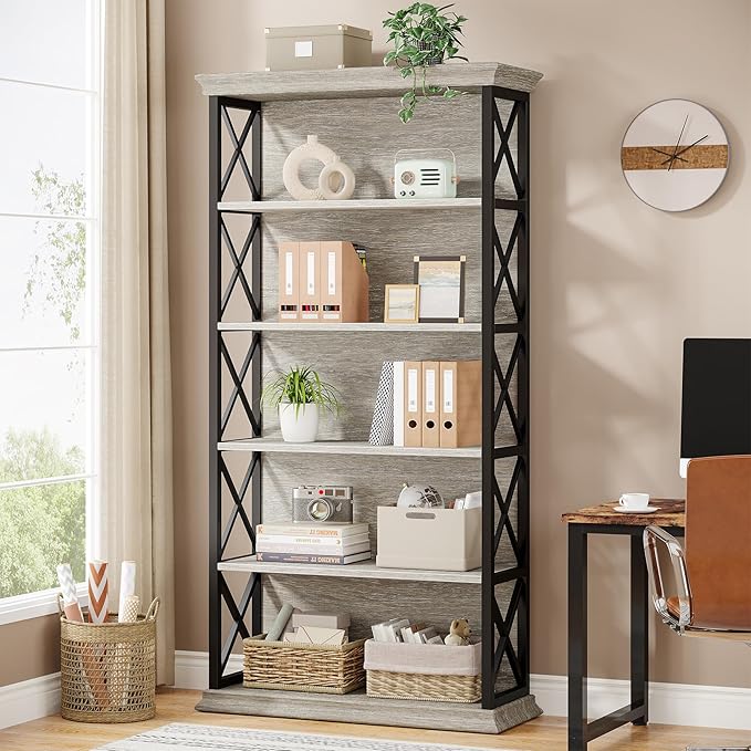 Tribesigns 6-Tier Bookcase Set of 2, 71 Inches Industrial Bookshelves and Bookcases, Floor Standing 5 Shelf Display Storage Shelves Tall Bookcase for Home Office, Living Room, Bed Room, Grey