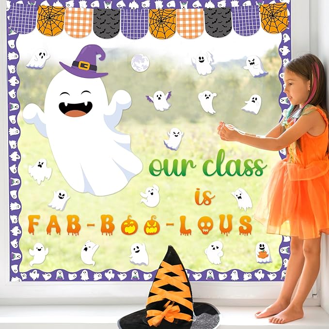 Halloween Ghost Bulletin Board Set Boo Ghost Bat Patterned Classroom Decorations Cute Halloween Paper Cutouts for Office School Birthday Chalkboard Wall Door Decor