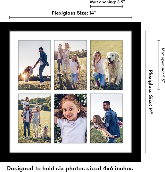 Americanflat 4x6 Collage Picture Frame with Polished Plexiglass - Fits Six 4x6 Photos or Use as One 14x14 Picture Frame - Signature Collection - Collage Frames for Wall Display - Black
