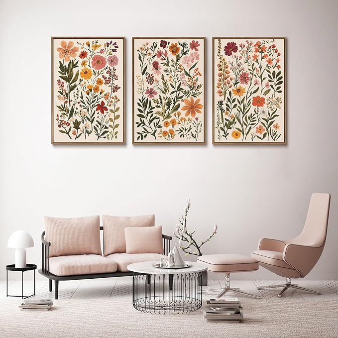 KISSFOX 3 Piece Boho Floral Canvas Wall Art For Bedroom Cottagecore Wild Flower Framed Wall Art Colorful Nature Modern Botanical Art Prints For Nursery Living Room,16x24 in