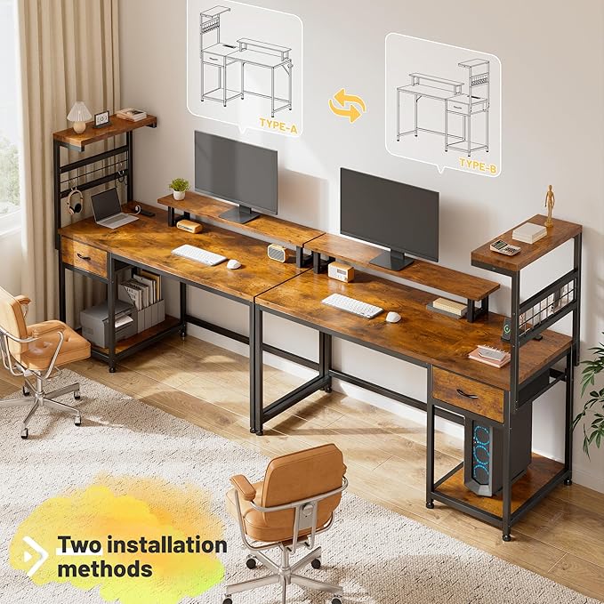 EnHomee 48" Computer Desk with Power Outlets & LED Lights, Gaming Desk with Drawer & Storage Shelves, Reversible Home Office Desk with Monitor Stand, for Living, Study Room, Gaming Room, Rustic Brown