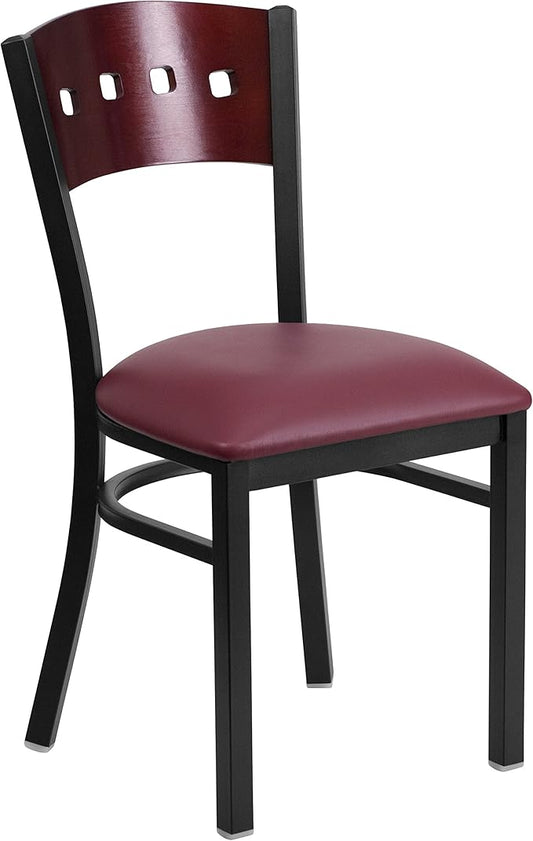 Flash Furniture HERCULES Series Black 4 Square Back Metal Restaurant Chair - Mahogany Wood Back, Burgundy Vinyl Seat