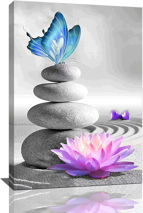 yerretin Stone Wall Art Zen Lotus Pictures Wall Decor Flower Canvas Spa Yoga Meditation Print Artwork Home Decorations for Living Room Bedroom Bathroom Office Framed 16"x24"