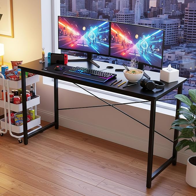 OLIXIS 55 Inch Computer Office Desk for Small Spaces, Writing Gaming Work Desk Modern Study Table with Storage Bag & Headphone Hook Home Bedroom, Black