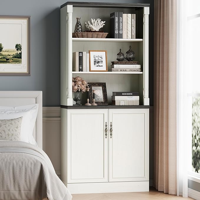 Bookshelf with Doors, 71" Tall Wood Book Shelf with Cabinet, 24" Wide Bookcase with Adjustable Shelf, Floor Standing Display Storage Cabinet for Home Office, Study and Living Room, Antique White