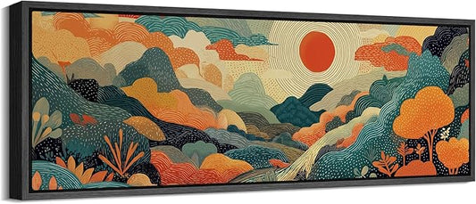 SIGNFORD Large Framed Canvas Whimsical Sunlit Hills Illustrations Modern Art Calm Warm for Living Room, Bedroom, Office - 60"x20"