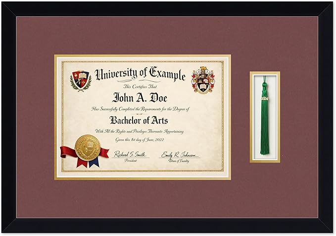 CountryArtHouse Diploma and Tassel Frame Fits 11.69 x 8.27 A4 Certificate with Tassel Hook Matte Black Genuine Hardwood Shadowbox with Dark Red Over Metallic Gold Double mat