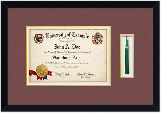 CountryArtHouse Diploma and Tassel Frame Fits 11.69 x 8.27 A4 Certificate with Tassel Hook Matte Black Genuine Hardwood Shadowbox with Dark Red Over Metallic Gold Double mat