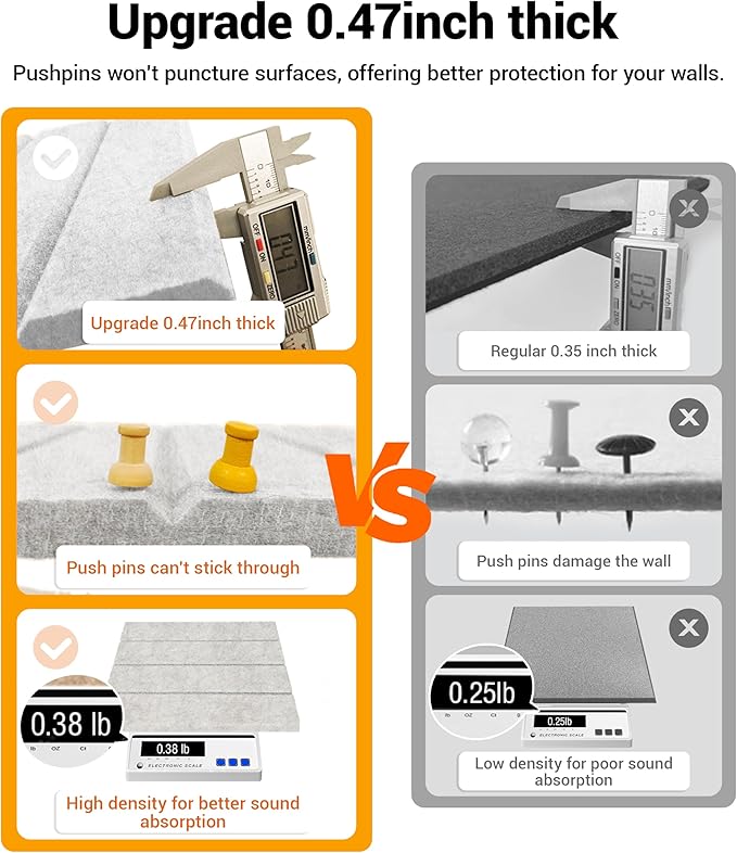 1/2" Thick Cork Board for Office, 6 Pack Felt Wall Tiles -28"x18" with Safe Adhesive Tabs, Large Bulletin Board, Push Pin Board Organizer Wall - Gray Marble