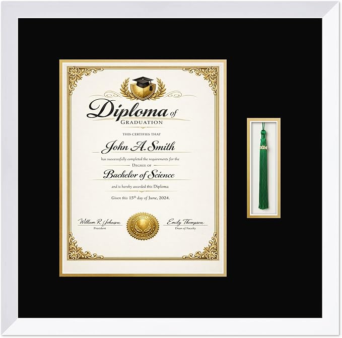 CountryArtHouse Diploma and Tassel Frame Fits 10 x 13 College Diploma (Portrait Traditional) Wi Bright White Genuine Hardwood Shadowbox with Black Over Metallic Gold Double mat
