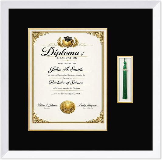 CountryArtHouse Diploma and Tassel Frame Fits 10 x 13 College Diploma (Portrait Traditional) Wi Bright White Genuine Hardwood Shadowbox with Black Over Metallic Gold Double mat