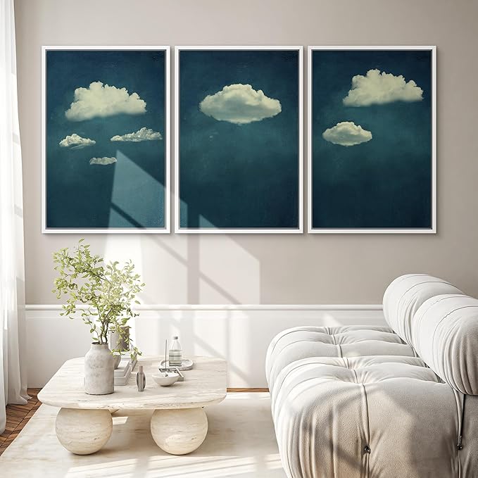 SIGNWIN 3 Piece Framed Canvas Wall Art A Series of White Clouds in The Blue Sky Nature Wilderness Illustrations Abstract Traditional Home Artwork Decoration for Living Room,Bedroom - 24"x36"x3 White