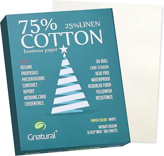 75% Cotton 25% Linen Business Paper, 85gsm 8.5”×11” Inkjet Printer Paper, Waterproof White Copy Paper -100 Sheets Printing Paper（Low Starch）