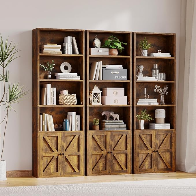 MXV Bookshelf Bookcase with Doors, 6 Tier 71" Tall Wooden Storage Shelves Organizer, Floor Standing Display Cabinet Shelves, Home Decor Furniture for Home Office, Living Room, Bedroom, Brown