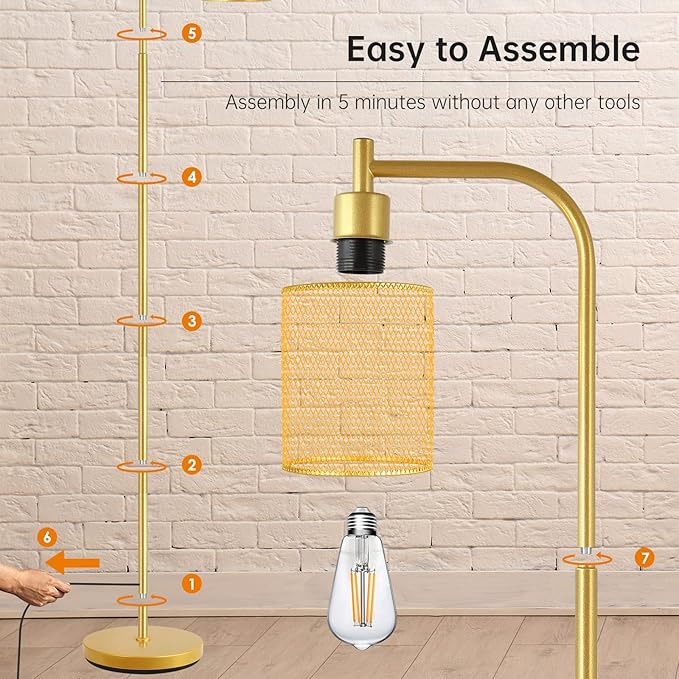 BoostArea Industrial Gold Floor Lamp, 67 Inch LED Standing Lamp with Iron Mesh Lampshade, 6W Brass Stand Up Lamp for Living Room, Bedroom, Office, Den