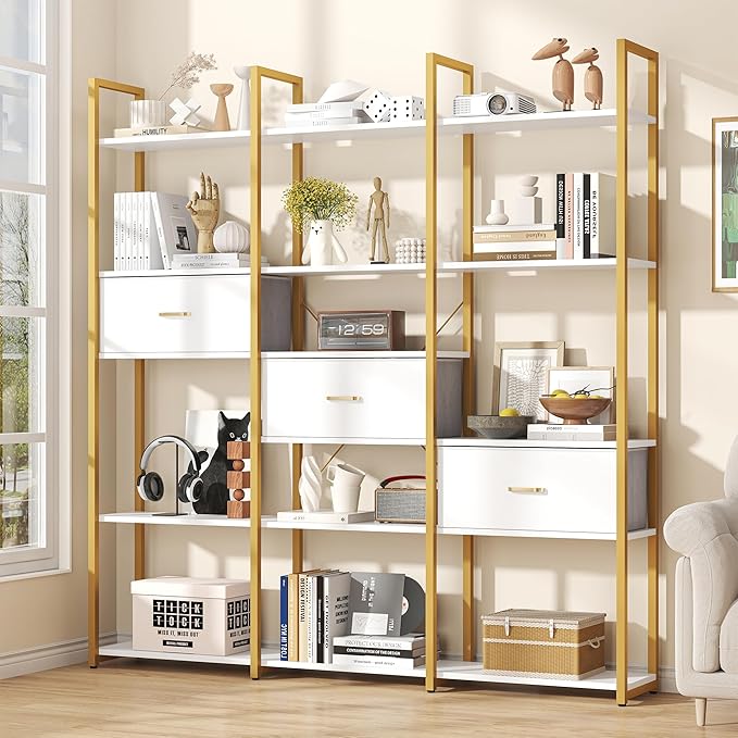 Semoic Triple Wide 6 Tiers Industrial Book Shelf with 3 Drawers and Storage Shelves, 73.6" Tall Bookcase with 16 Open Display Shelves, Large Etagere Bookshelf with Metal Frame for Home & Office, Gold