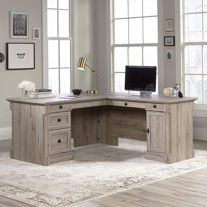 Sauder Palladia L Shaped Desk with Drawers, Office Desk with File Cabinet Storage, Cable Management, Keyboard Tray, in Split Oak finish
