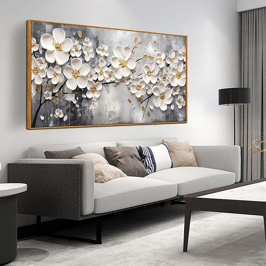 White Flower Art for Walls In Living Room - Office Wall Decor for Women - Wooden Framed Wall Art for Bedroom Size 29" x 59"