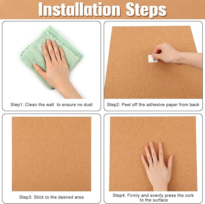 Kosiz 40 Pack Cork Board Square 12" x 12", 1/4" Thick Cork Board Tiles Bulk for Wall Self Adhesive Bulletin Corkboards Tiles Sheet for Wall School Office Home Decoration