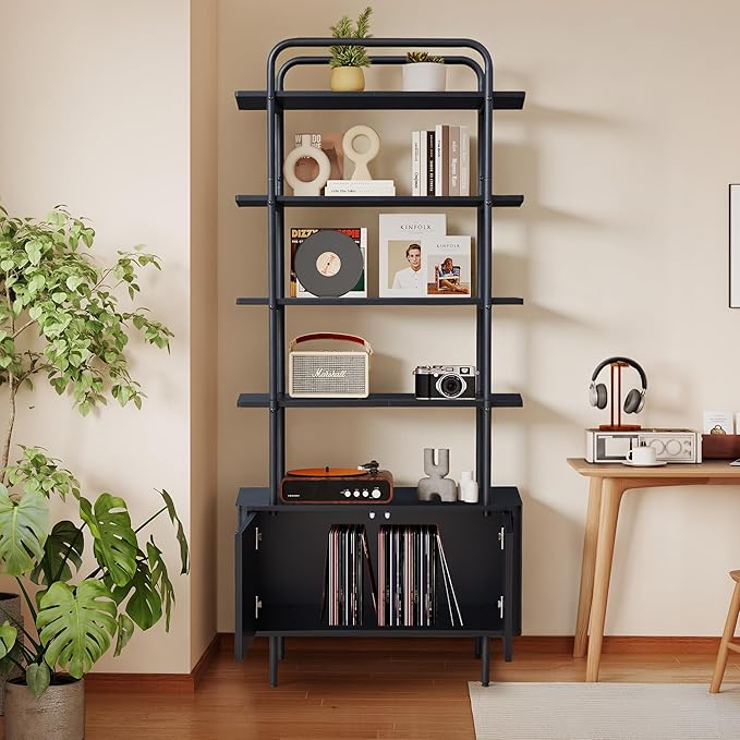 71" Tall Bookshelf with Door, 6-Tier Bookcase Modern Metal Book Shelf with Open Shelves & Adjustable Footpad Freestanding Storage Cabinet for Living Room, Home Office (Black)