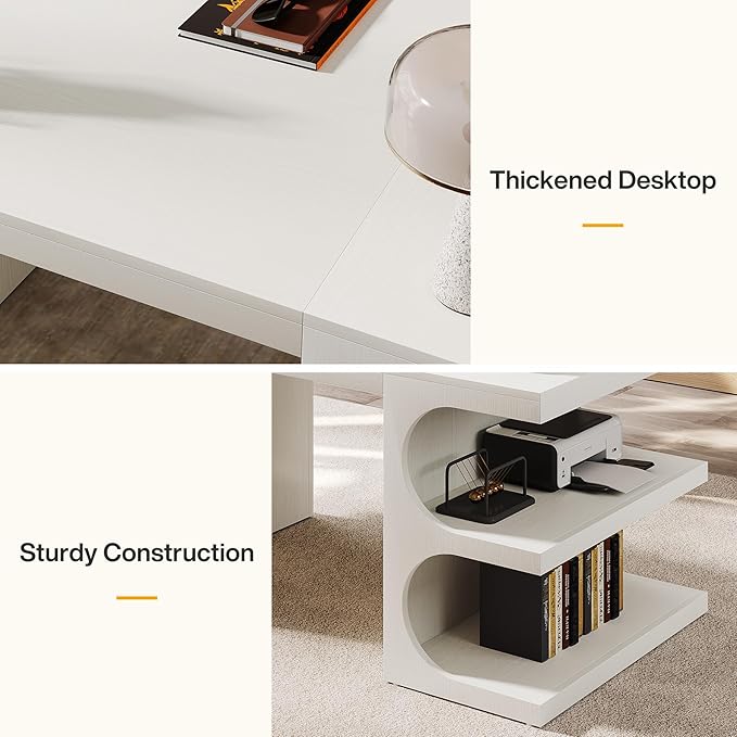 Tribesigns White Executive Office Desk, 63" Computer Desk with Storage Shelves, Modern Wood Study Writing Table, Large Workstation Business Furniture for Home Office (Table Only)
