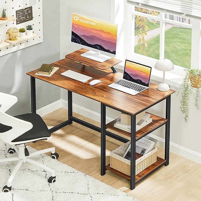 GreenForest Computer Desk with Monitor Stand,47 inch Home Office Desk with Reversible Storage Shelves Modern Writing Study Work Table,Easy Assembly,Walnut
