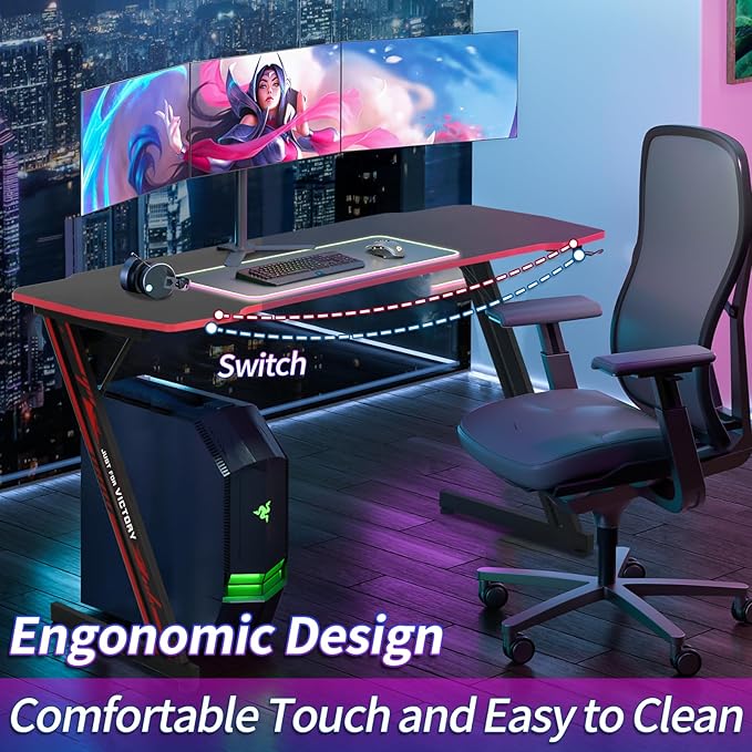 47 in Z-Shaped Home Computer Desk with Hook - Large Gaming Table for Work & Study, PC Gaming Workstation with Carbon Fiber Surface, Sturdy Metal Frame, Stable and Durable, Red